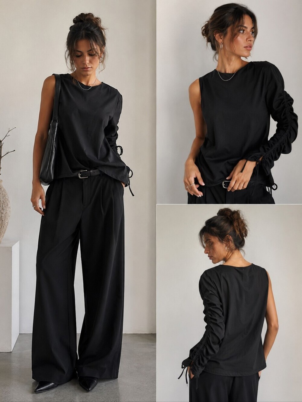 Chepe Made In Italy Women's Black Ruched-Sleeve Left Side Top 100% Cotton